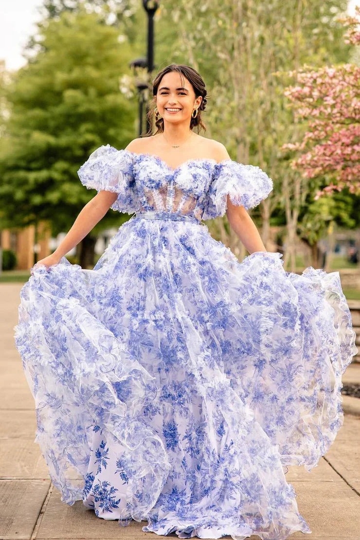 Formal Wear Dresses/Charming A-Line Off the Shoulder Floral Printed Ruffle Tiered Prom Dresses/Prom Dress Shop